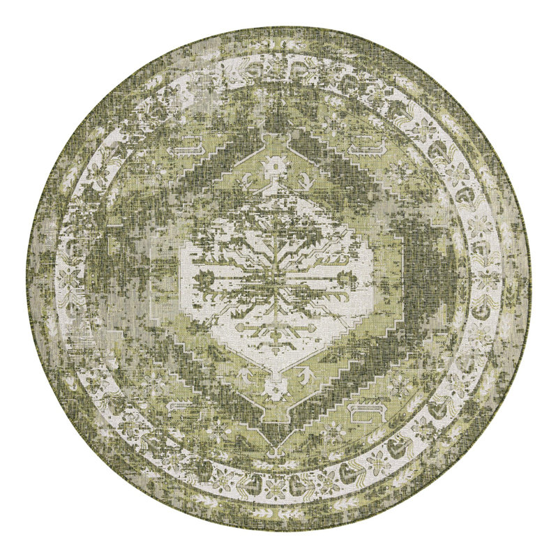 Valerie Oriental Machine Woven Polypropylene Indoor / Outdoor Area Rug in Gray/Green, Round 13'1"