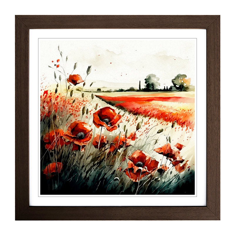 Poppy Field Watercolour - Framed Print, Oak