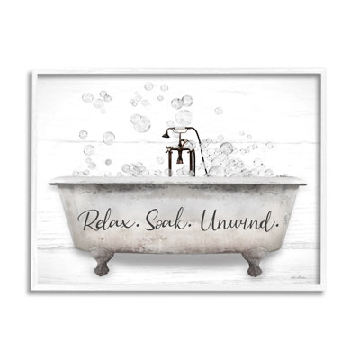 Relax Soak Unwind Bathtub Bubbles White Framed Giclee Art by Lori Deiter