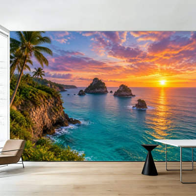 Papier peint adhésif repositionnable, motif coucher de soleil turquoise, océan et palmiers, 254 cm (H) x 366 cm (L), en PVC amovible et autocollant, idéal pour chambre, salon ou bureau.