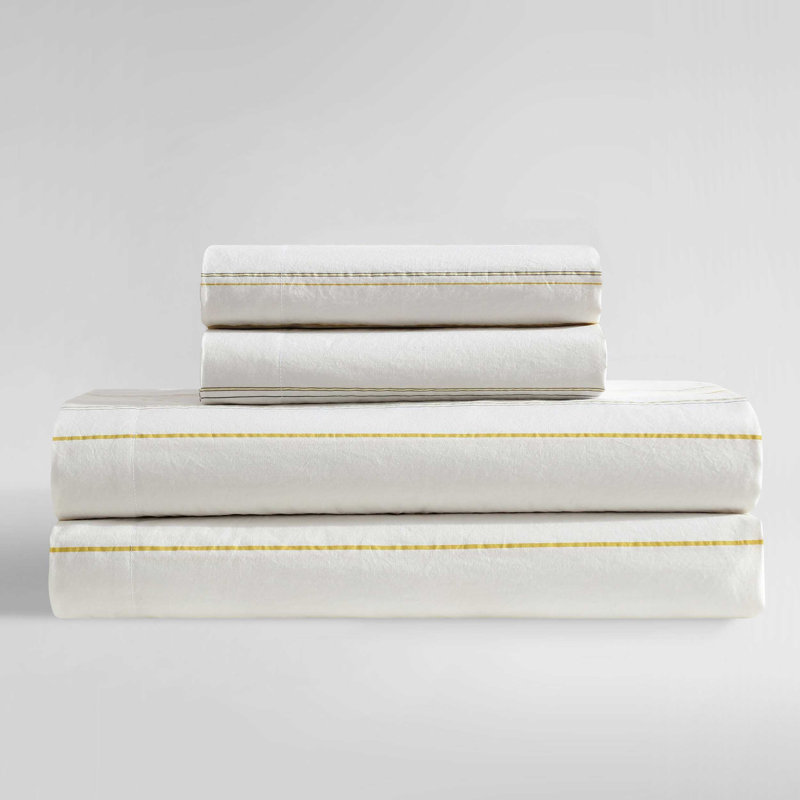 Ensemble de draps en coton Calvin Klein, Jaune à rayures fines, Ensemble de draps pour grand lit avec 2 taies d'or