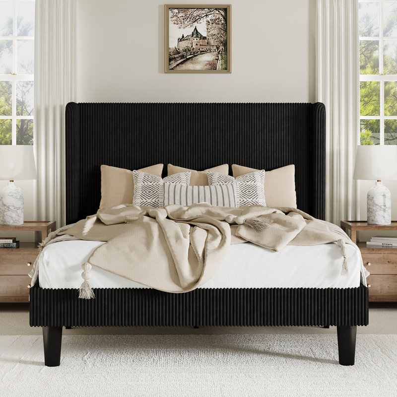 Ribbed Corduroy Platform Bed With Wingback Headboard And Wooden Slats, No Box Spring Needed, Black, Queen