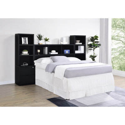 Three Bedroom For Queen Bed, Black Bookcase Headboard, Nightstands With Lockable Top Drawers, Charging, And Open Storage A Modern Setup Layout
