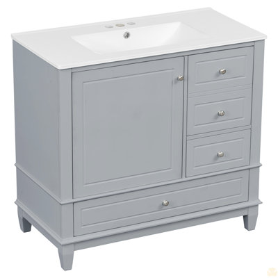 36" Bathroom Vanity With Ceramic Sink, MDF & Solid Wood Base, 3 Drawers & Cabinet With Shelves