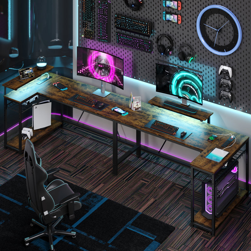 Baford L-shaped Computer Desk with Power Outlet, Gaming Desk with Monitor Stand and Shelves, 91.4cm H x 147cm W x 80cm D