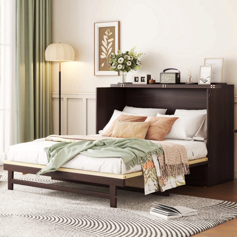 Grand lit escamotable, armoire en bois de pin avec décoration en rotin et tiroir de rangement, Espresso
