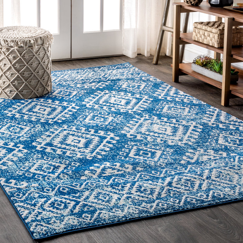 Tybalt Moroccan HYPE Boho Vintage Tribal Blue/White Rug, Rectangle 7'9" x 10'