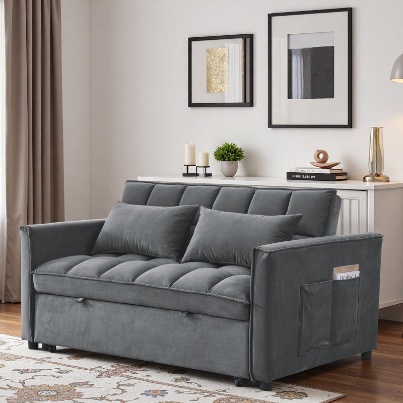 Canapé convertible 3 en 1 avec dossier réglable, 2 poches latérales et 2 coussins, Gray