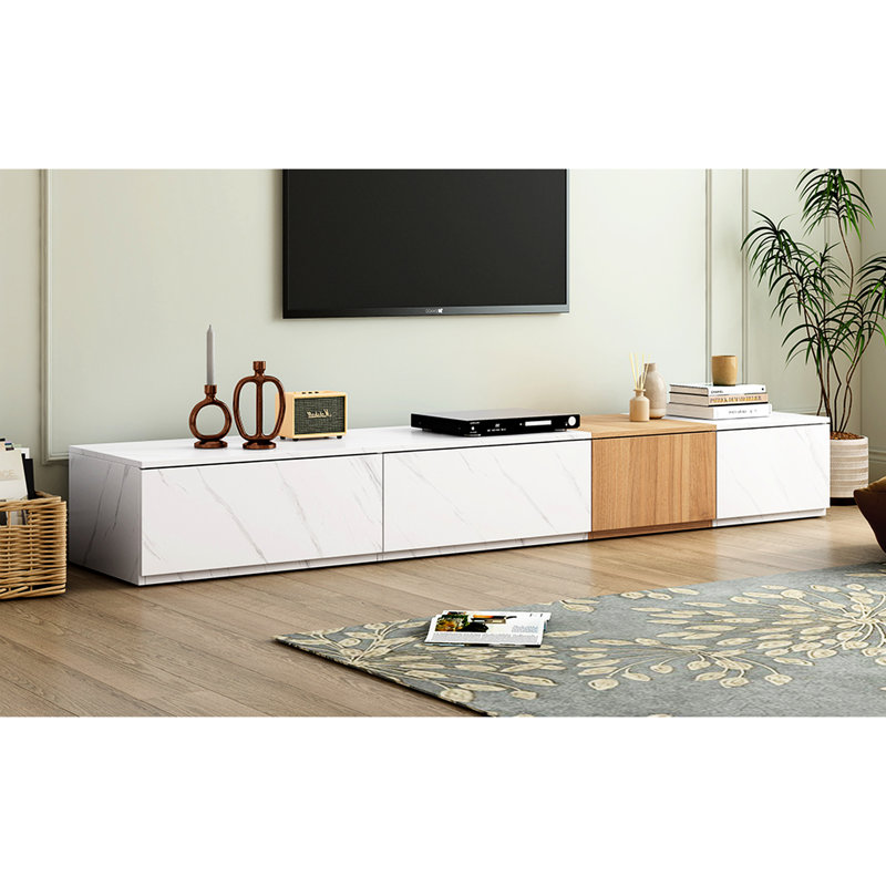 Contemporary White Tv Stand With Faux Marble & Walnut, 4 Storage Drawers For 88" Tvs, Accent Chic Walnut Finish, Drawer Tvs