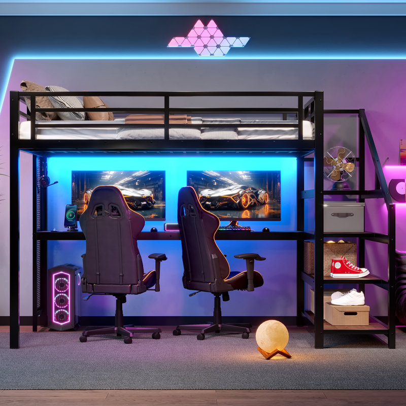 Lit mezzanine double en métal avec bureau, escalier de rangement, lumières DEL et ports USB, multifonctionnel, silencieux, noir