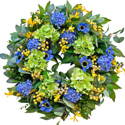 Spring Wreaths For Front Door 24 Inch Summer Wreath With Lifelike Blue Hydrangea Gerbera And Daisy, Wreath Decor For Indoor Or Outdoor Spring And Summer Wreaths For Front Door Outside