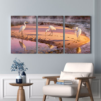 White Heron Birds in Sunset Reflection, reproduction d'art sur toile tendue sur toile, ensemble de 3