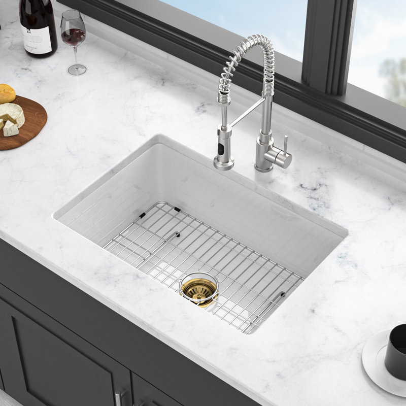 Évier de cuisine de 18 po de large à cuve simple blanche de 30 po de longueur et de 10 po de profondeur, encastré ou sur comptoir, émaillé Scratch 30 po x 18 po x 10 po, montage encastré, haute résistance