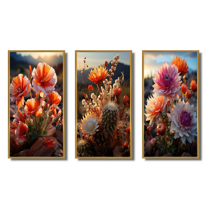 «Desert Euphoria Cactus», 3 pièces, Encadrement doré, H 28 po x l 36 po