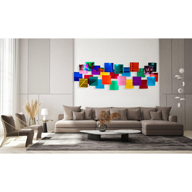Grand art mural géométrique en miroir multicolore - décor moderne, H 22 po x l 71 po x P 1 po