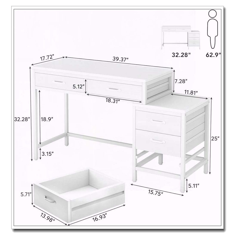 Bureau d'ordinateur réversible avec tiroirs, Blanc