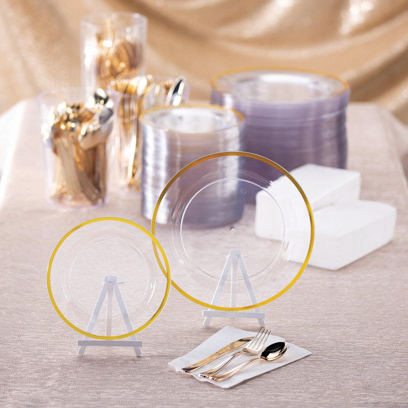 Premium Clear and Gold Plastic Tableware Set for 96 Guests
