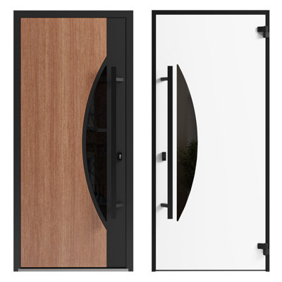 Porte avant en acier pré-suspendue avant / teck Ronex 1077/2 fenêtres latérales extérieures latérales / entrée en métal moderne peint l 14 + 36 + 14 po x H 80 po à gauche