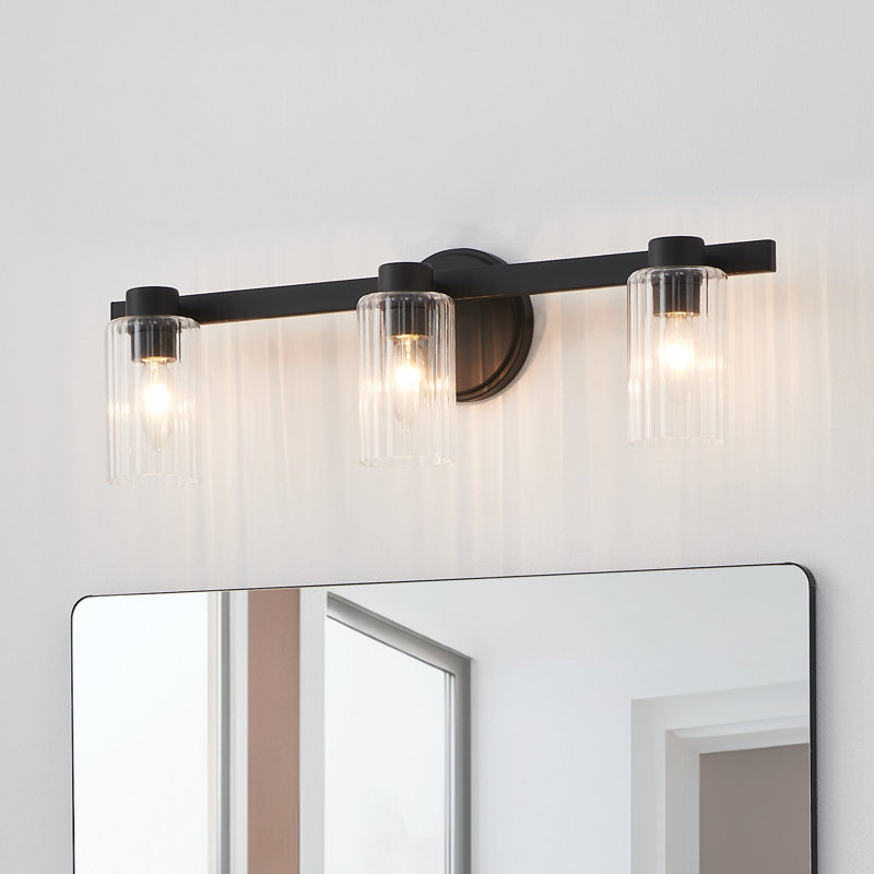 Dungannon 24-inch 3-light Matte Black Vanity Light with Clear Ribbed Glass Shades, 7.25" H x 24" W x 5.75" D, Matte Black