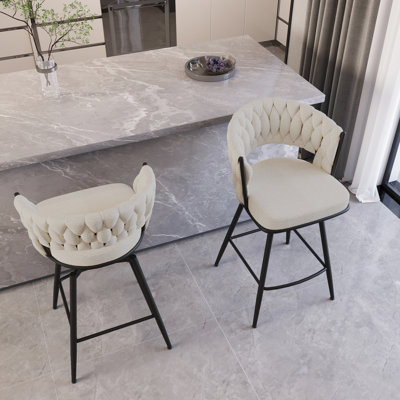 White Linen Woven Bar Stool Pair   Of 2 . 360 Degree Rotation, Base. Toweling Material, Comfortable Padding. For Bars, Taverns 2 Stools. Swivel Seat, Build. , Soft Fabric. Cafes, Kitchens. Assembly