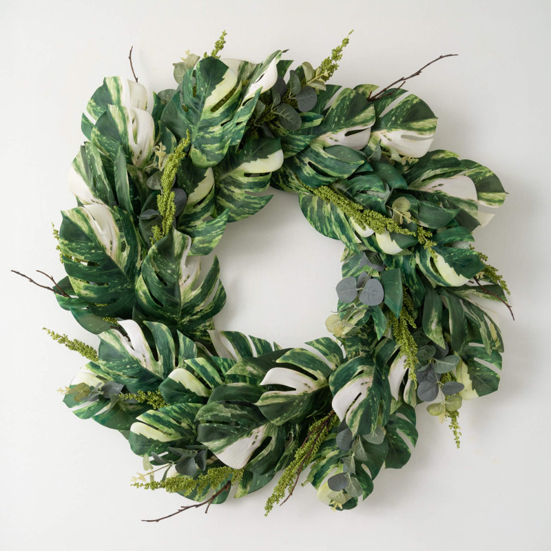 Artificial Variegated Leaf Wreath 28"H; Green