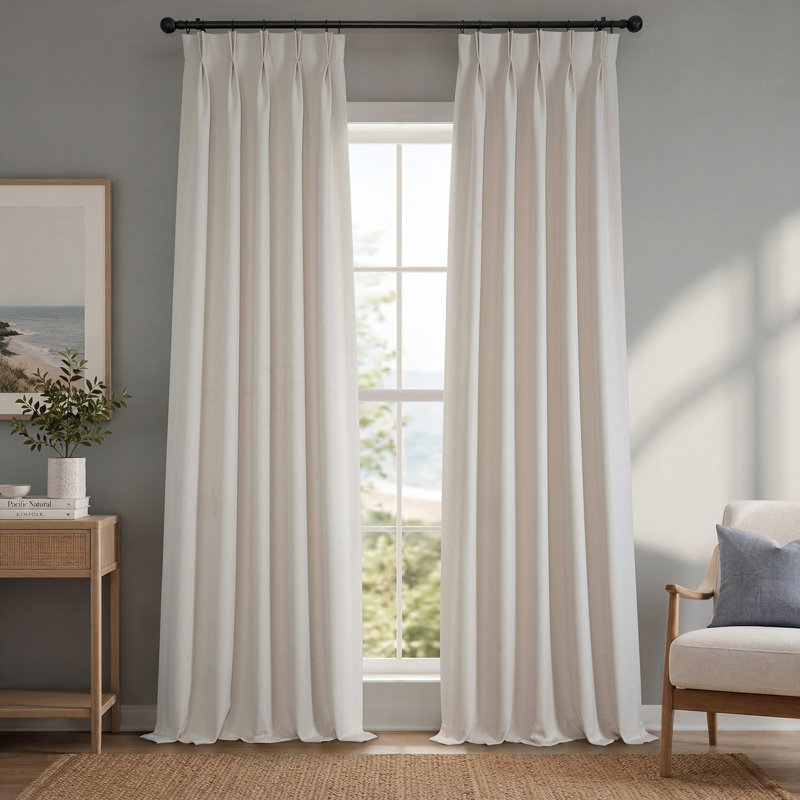 French Pleated Textured Faux Linen Room Darkening Curtains for Bedroom & Living Room Curtains - Single Panel Window Curtains