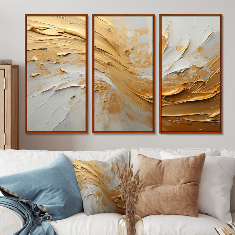 Or et beige, peinture à vagues douces - formes abstraites, ensemble d'art sur toile, H 40 po x l 60 po x P 1 po