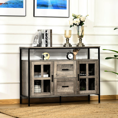 Buffet industriel, armoire de bar avec tablettes réglables, portes en verre et 2 tiroirs pour le salon