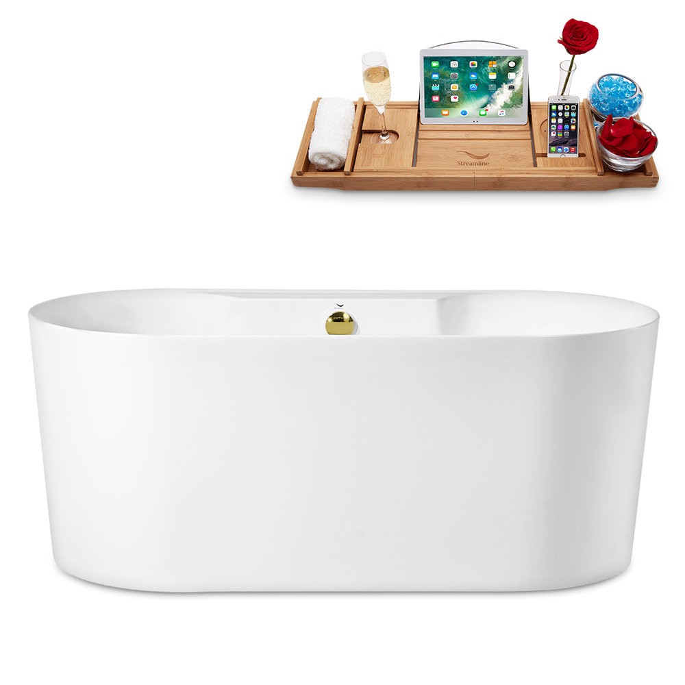 59" Streamline Freestanding Soaking Acrylic Bathtub With Drain and Bamboo Tray Streamline Bath Drain