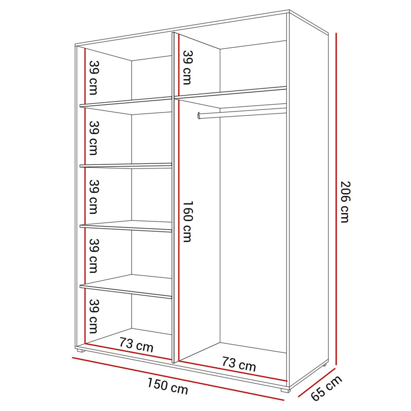 Janaja 2 Door Manufactured Wood Wardrobe,  206cm H x 150cm W x 65cm D, Artisan Oak/Black