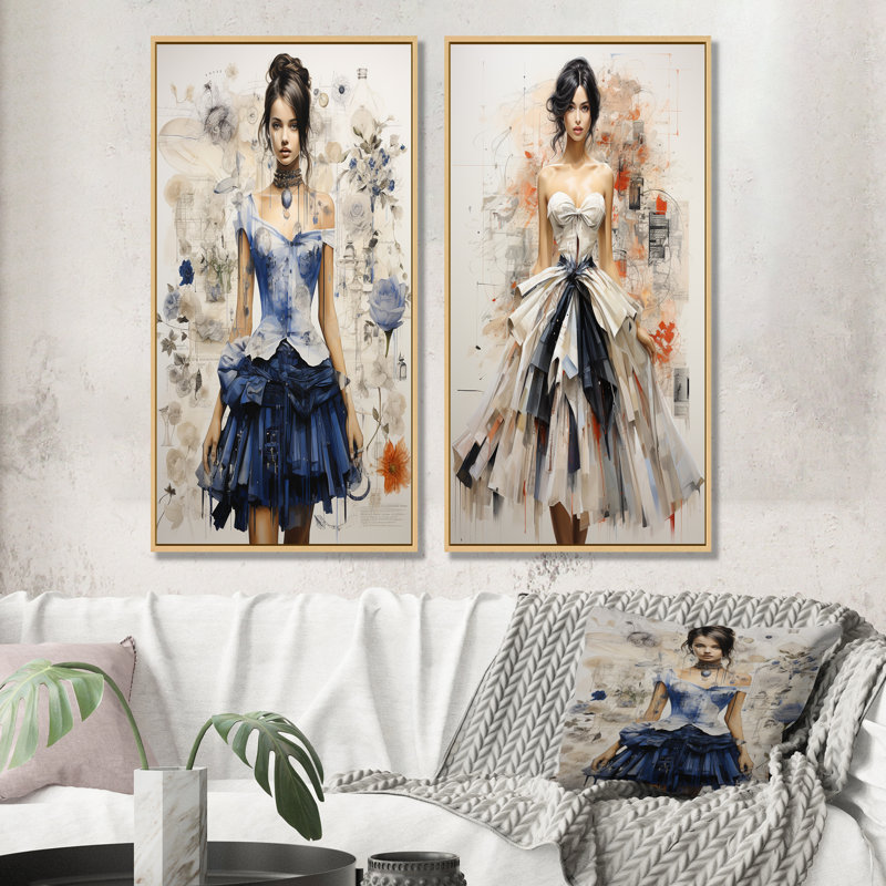Dessin de robe haute couture - ensemble de salon art mural femme, H 28 po x l 25 po, Encadrement brun