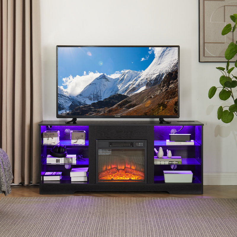 Meuble télé de 58 pouces (147 cm) avec foyer électrique et télécommande, noir, pour téléviseurs de 32 à 62 pouces (81 à 157 cm). Système de gestion des câbles inclus.