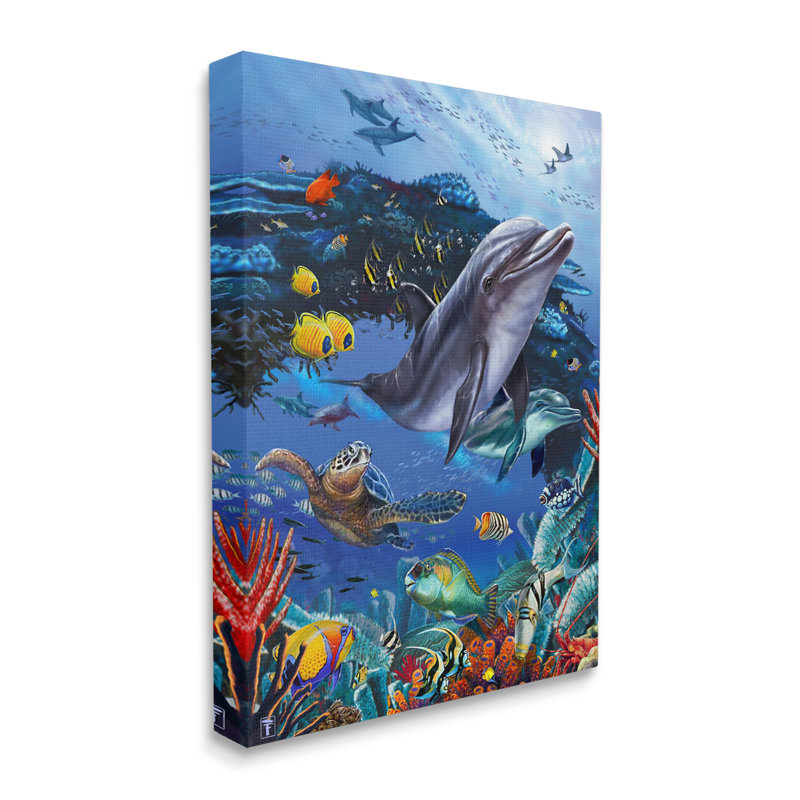 Au-489-Toile, vie sous-marine vive sur toile par Interlitho, peinture, H 20 po x l 16 po x P 1,5 po