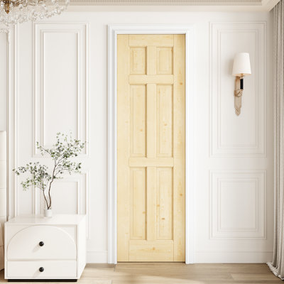 Interior Slab Door 6-Panel Solid Pine Wood Standard Door For Bedroom & Living Room