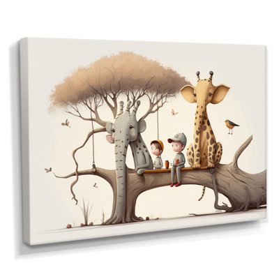 Girafe et éléphant avec enfants - décoration murale éléphant