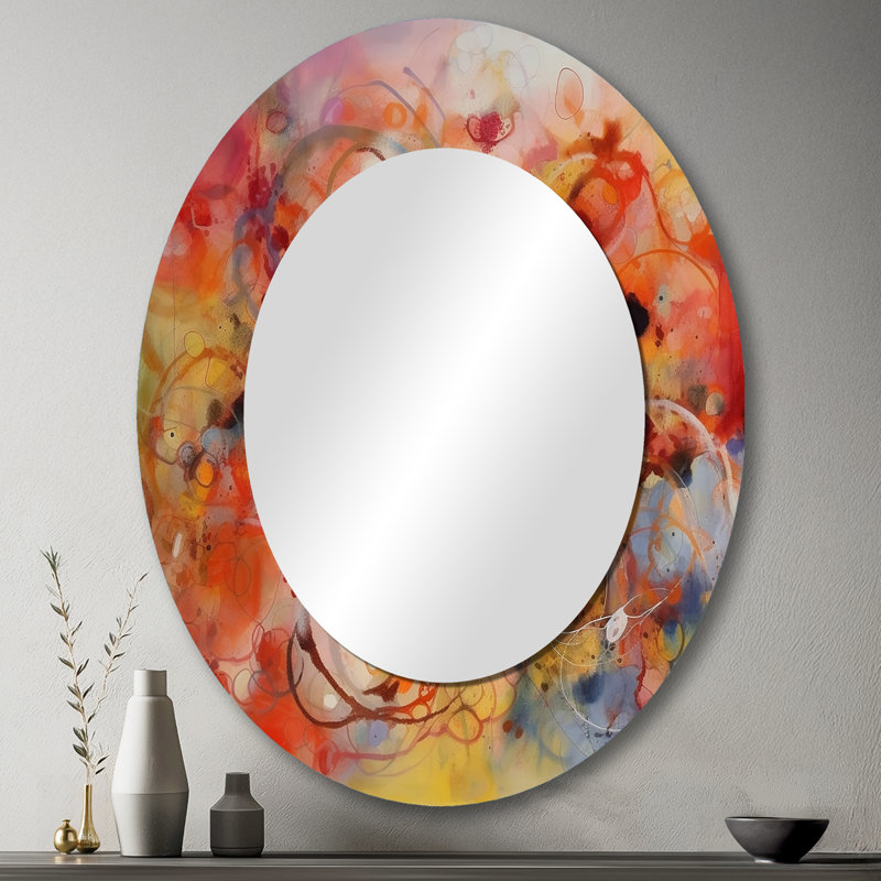 Orange Red Marbled Dreamscape II - Orange Modern Oval Wall Mirror, 43" x 33"