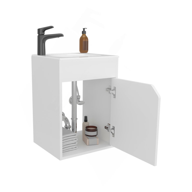 Bethel Floating Wide One-Door Vanity With Resin Sink And Two Shelves, Bathroom Storage, White, White