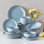 Ensemble 16 pièces de vaisselle pour 4 personnes à bordures bleues et brunes, assiettes en céramique et bols à pâtes, conception artistique à deux tons