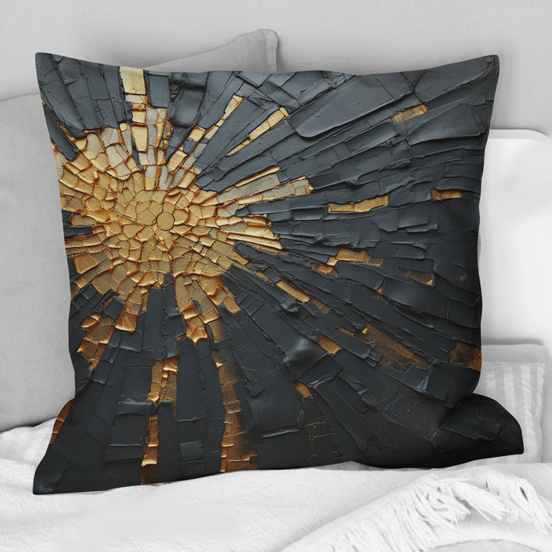 Coussin décoratif noir et or à motif abstrait II, 16" x 16"
