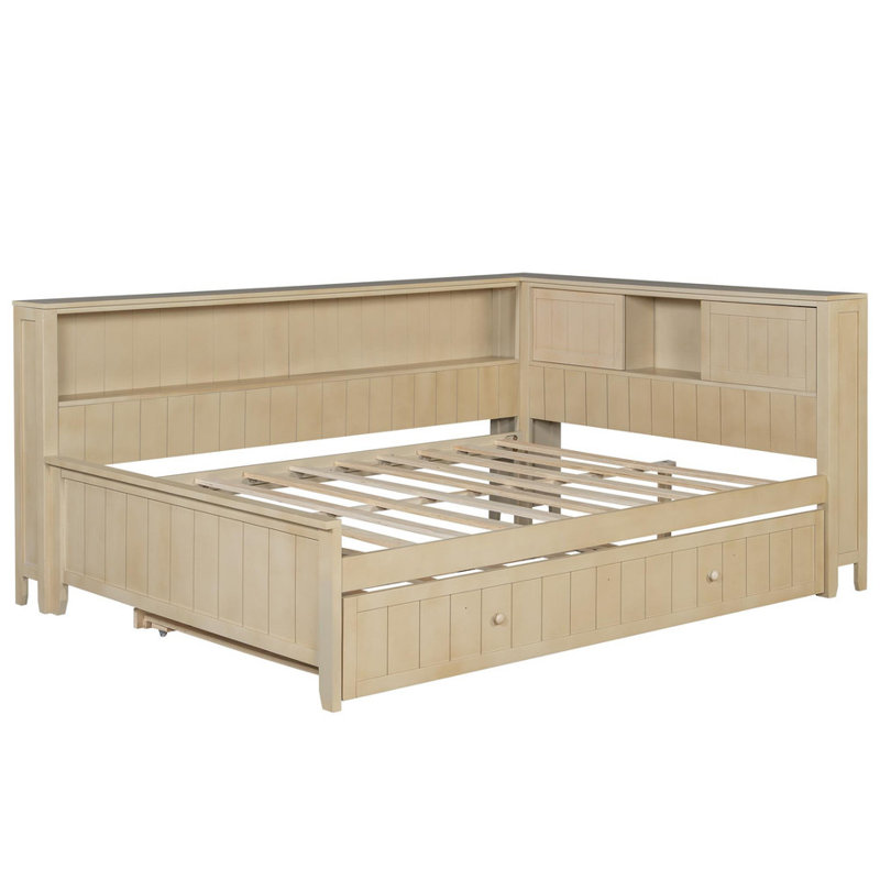 Antique White Milk Full Size Wood Daybed with Storage Shelves & Trundle