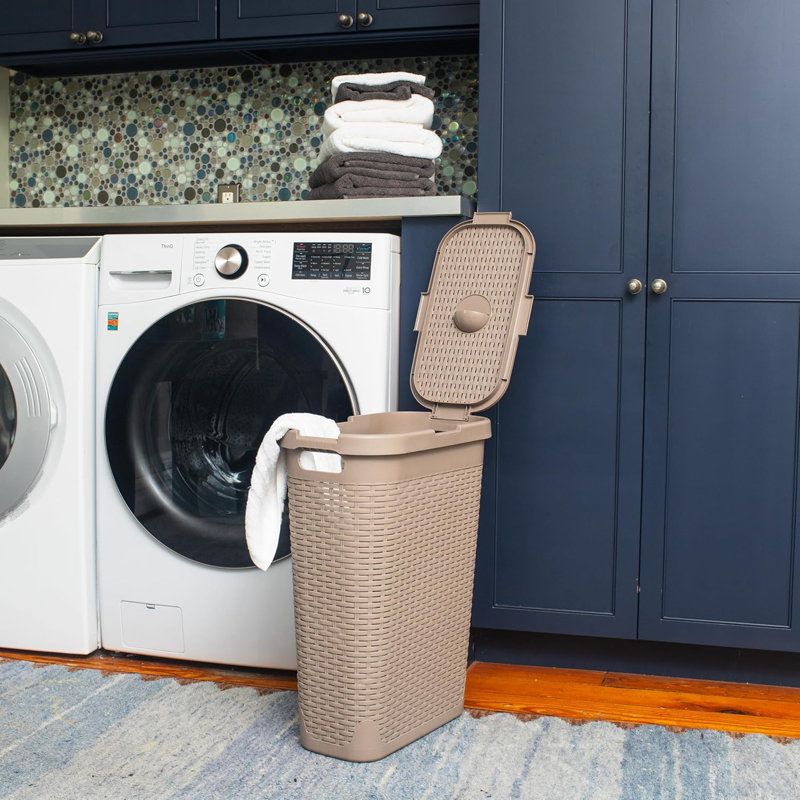 Slim Laundry Hamper With Lid, 40L Clothes Basket, Premium Wicker Design, Plastic, Tan