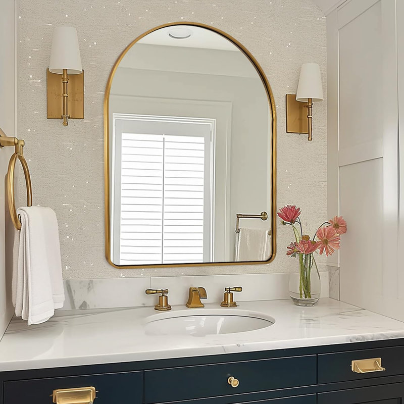 Malisa Contemporary Arched Bathroom Vanity Mirror | Stainless Steel Thick Frame, 40" x 30", Brushed Gold