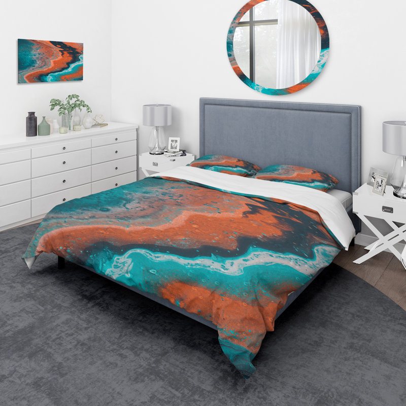 Composition abstraite de marbre en bleu et orange I - ensemble de housse de couette moderne - microfibre de polyester