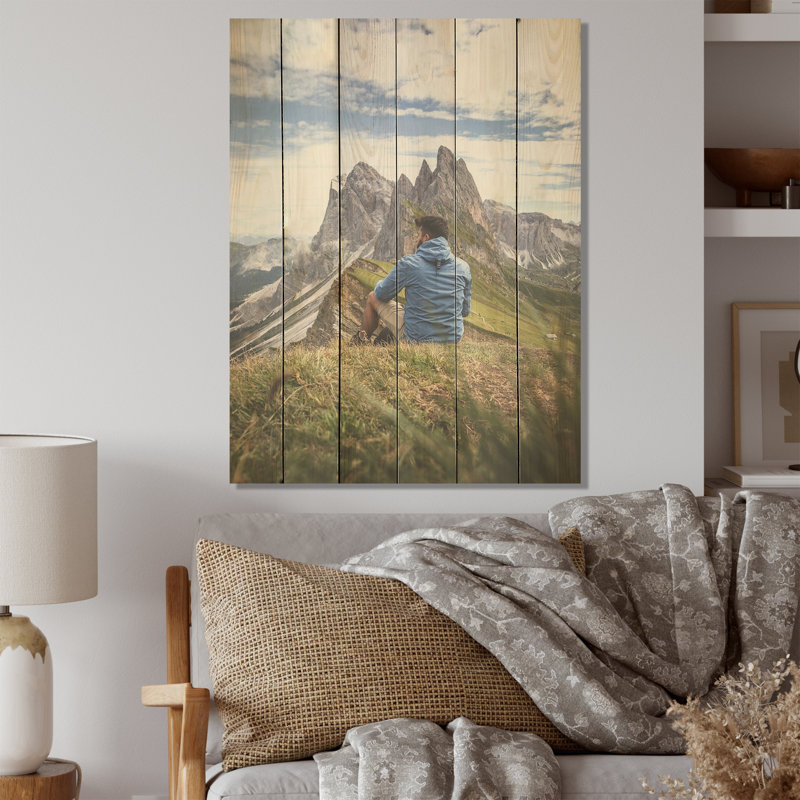 Vue sur la montagne, tranquillité I - montagnes, art sur bois de pin naturel, H 32 po x l 24 po