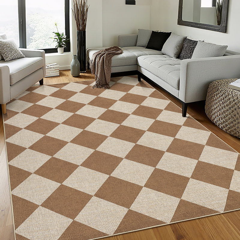 Machine Washable Easy Jute Area Rugs for Living Room Bedroom Distressed Checkered Office Carpet High Traffic Entryway Rug Non Slip Backing Trellis Farmhouse Floor Cover