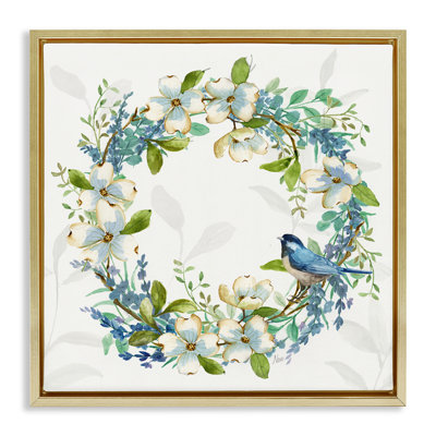 «Dogwood Wreath & Bluebirds», art mural encadré flottant par Nan