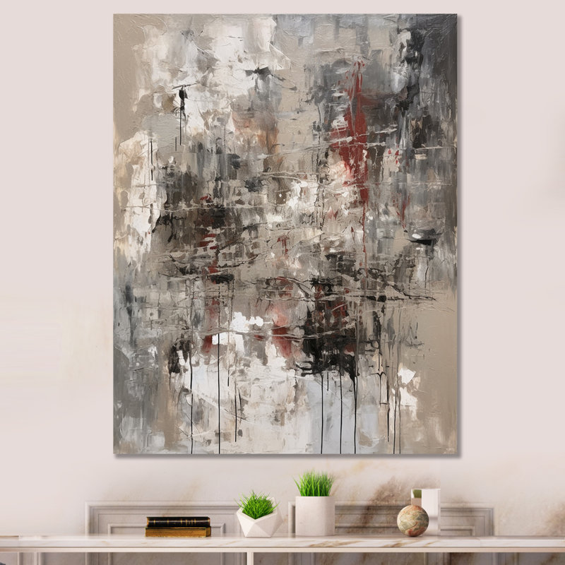 Abstrait chagrin orageux gris et beige - peinture abstraite murale, salon, H 44 po x l 34 po x P 1,5 po, Toile tendue