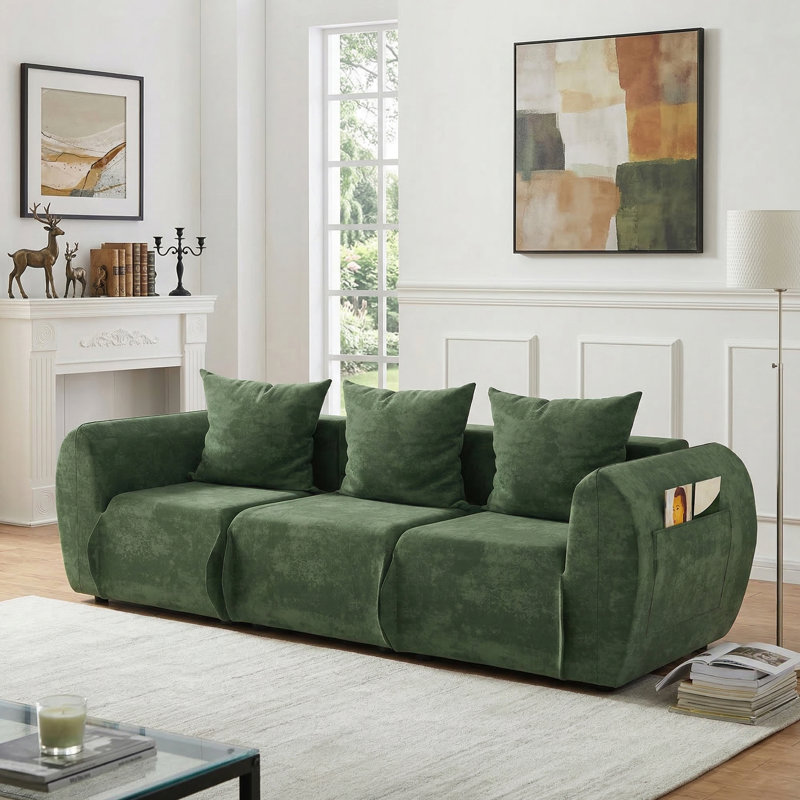 Modern Modular Sectional Sofa - Ultra Soft Chenille Green Boneless Couch, Cloud Couches for Living Room with Comfy Seat, Side Storage Pocket & No Assembly Required (3-Seats)