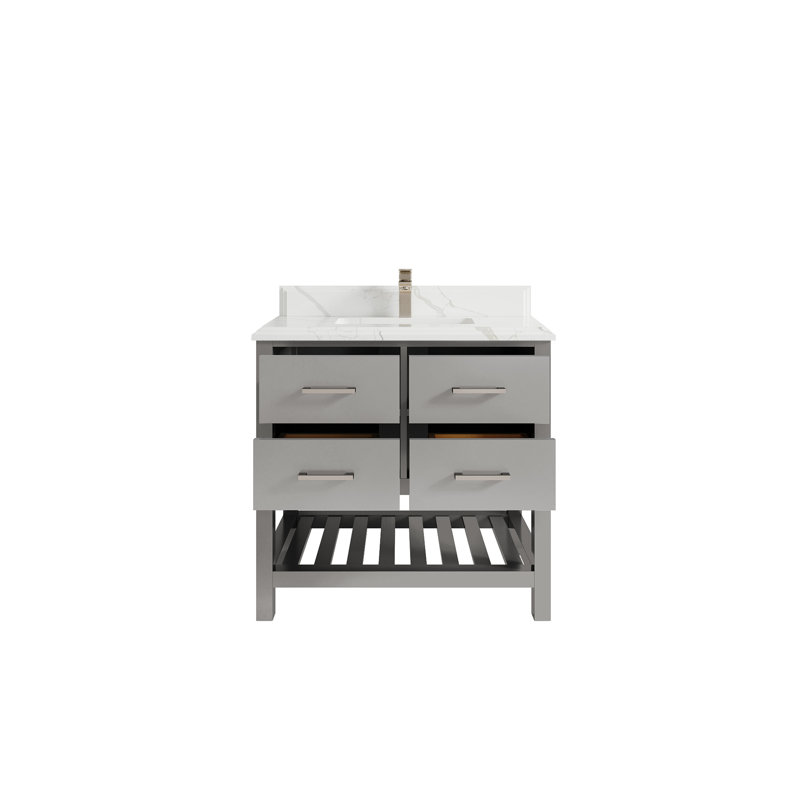 Parker 36 " W Freestanding Standard 1 Single Vanity Bathroom Vanity With Quartz Top, Calacatta Laza, Elephant Skin Gray