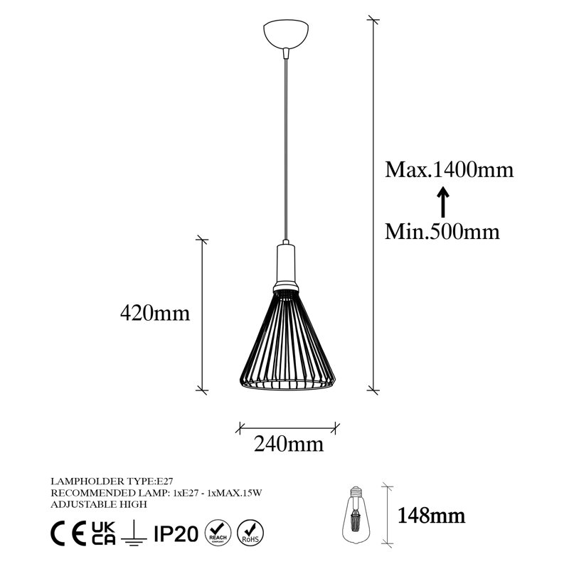 Lustre industriel moderne, finition noire et antique, hauteur réglable de 19,7 à 55,1 pouces | Corps en métal, douille E27 (15 W maximum) | Luminaire élégant pour la maison, le bureau et la salle à manger, design glamour